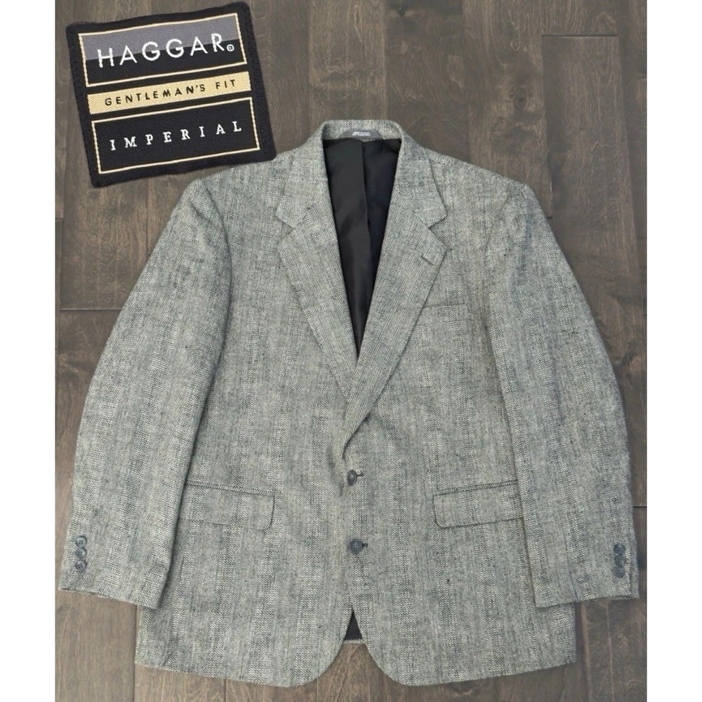 Haggar Imperial Mens Wool & Silk Grey Tweed Blazer Jacket‎ Made In USA Size 44R